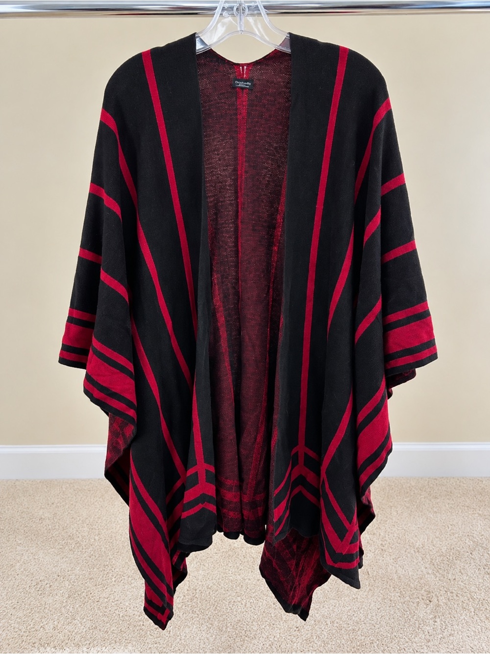 Open-Front Black and Red Striped Women's Poncho Cardigan